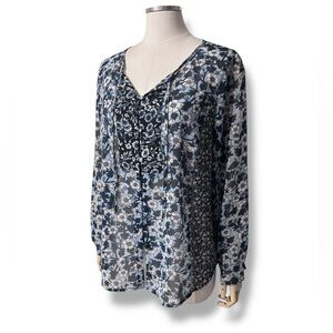J. JILL Chiffon Blue White Floral Semi-Sheer Floral Tunic Top